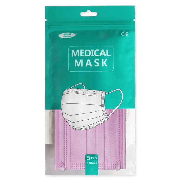 Mund-Nasen-Masken, medizinisch 3-lagig - 5 STÜCK (17,5 x 9,5 cm) - Typ IIR - ROSA - ABVERKAUF !!!